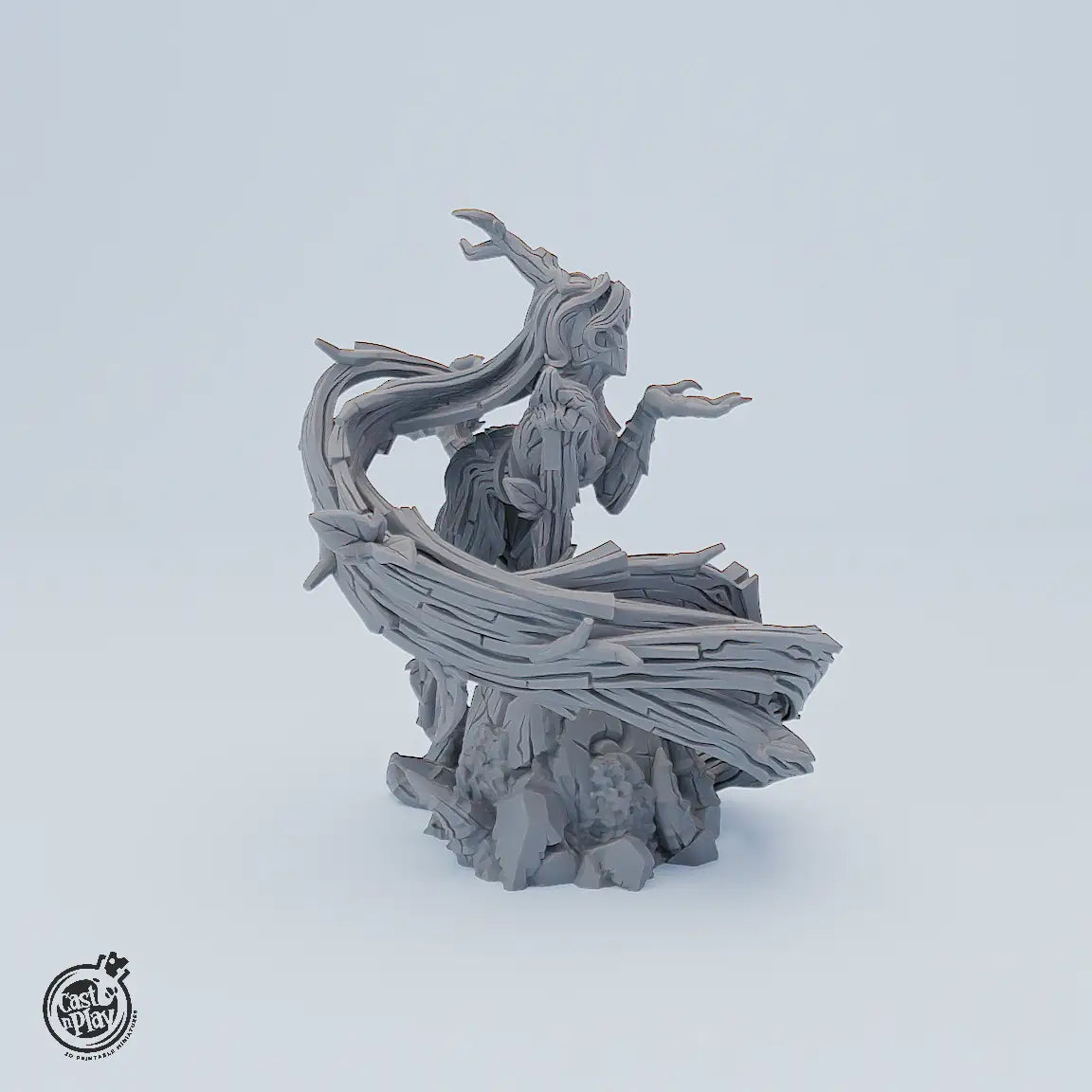 Miniaturfigur Natura – elegante Naturgöttin mit organischem Körper aus Holz und Ranken, Fantasy Resin Modell für Tabletop