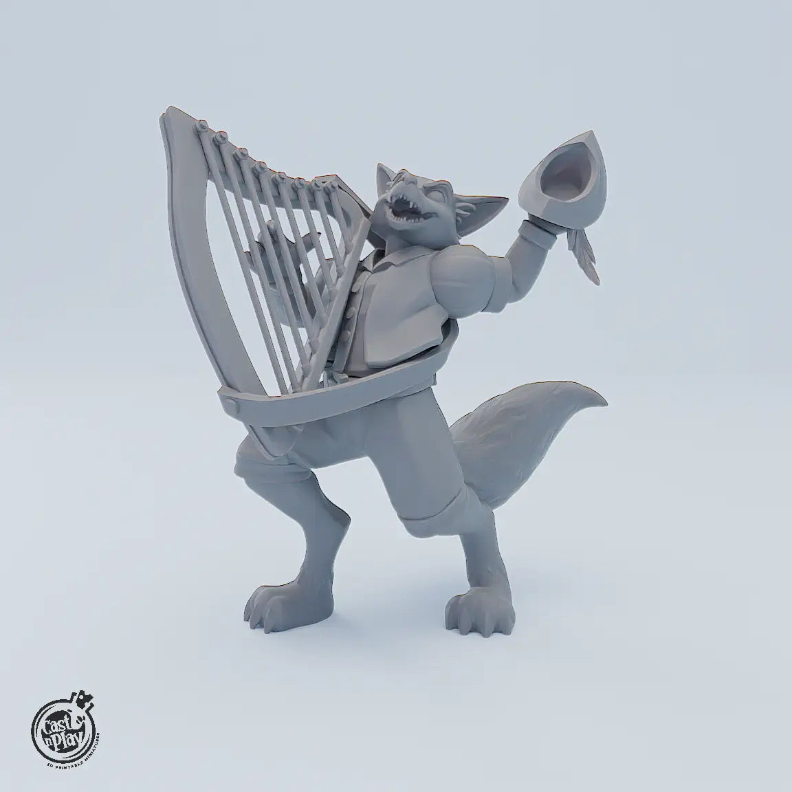 Miniaturenset Foxfolk Defenders – drei fuchsartige Helden: Bard mit Harfe, Rogue mit Dolch und Paladin mit Schwert als detailreiche Tabletop-Figuren