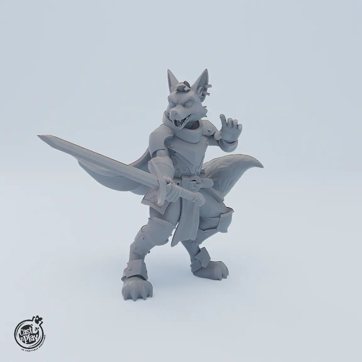 Miniaturenset Foxfolk Defenders – drei fuchsartige Helden: Bard mit Harfe, Rogue mit Dolch und Paladin mit Schwert als detailreiche Tabletop-Figuren