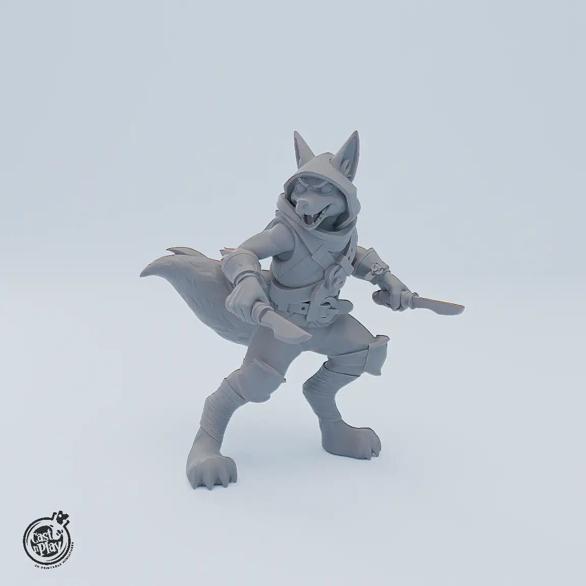 Miniaturenset Foxfolk Defenders – drei fuchsartige Helden: Bard mit Harfe, Rogue mit Dolch und Paladin mit Schwert als detailreiche Tabletop-Figuren